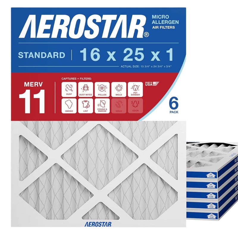 Aerostar 16x25x1 MERV 11 Air Filter, 6 Count, ACTUAL SIZE (15.75 x 24.75 x 0.75), HVAC, Air Conditioning & Furnace Filter for Dust, Pet Dander, Smoke & Allergies (MPR 1200 / FPR 7), Made in USA - Image 1